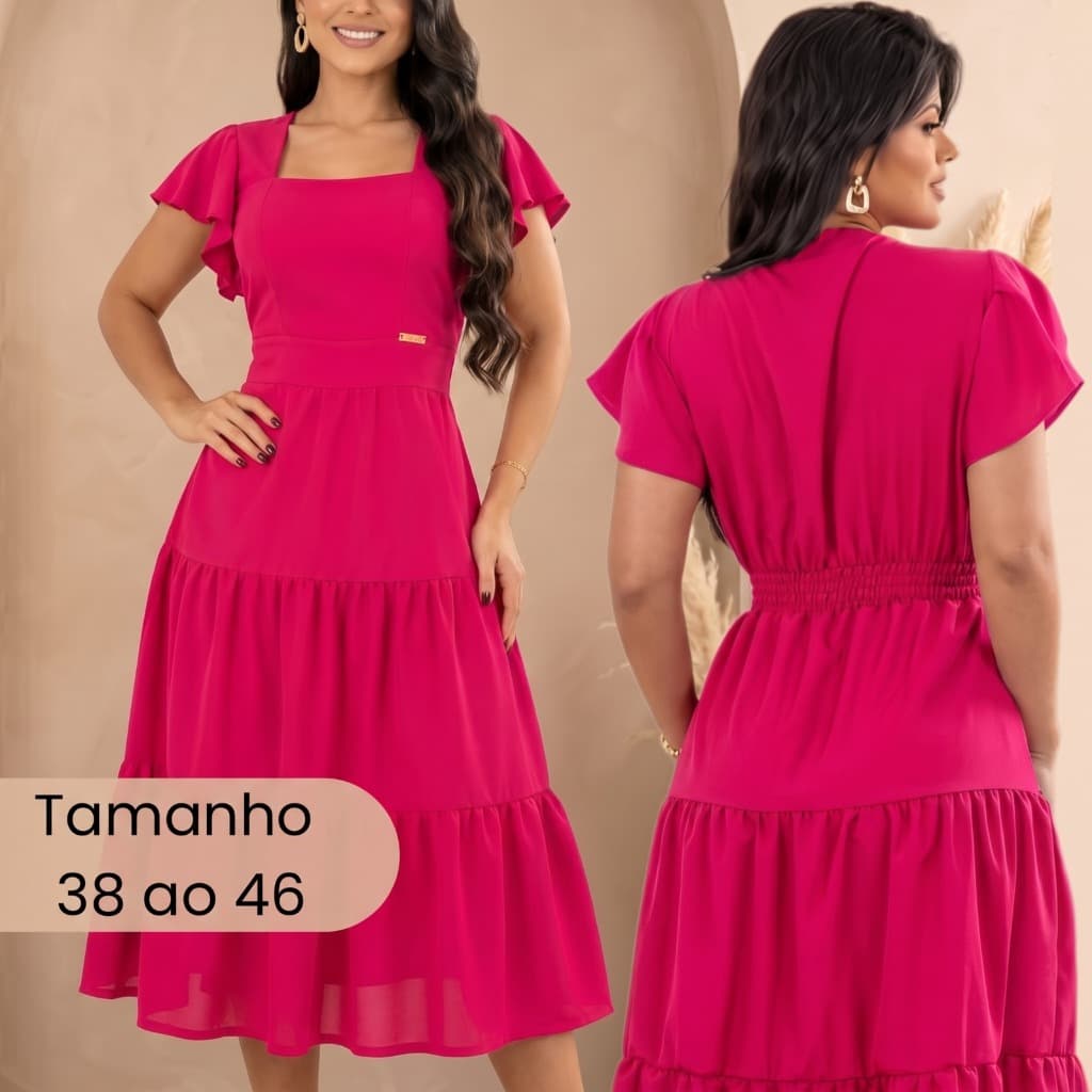 Vestido Midi Feminino Rodado Manga Princesa LUXO
