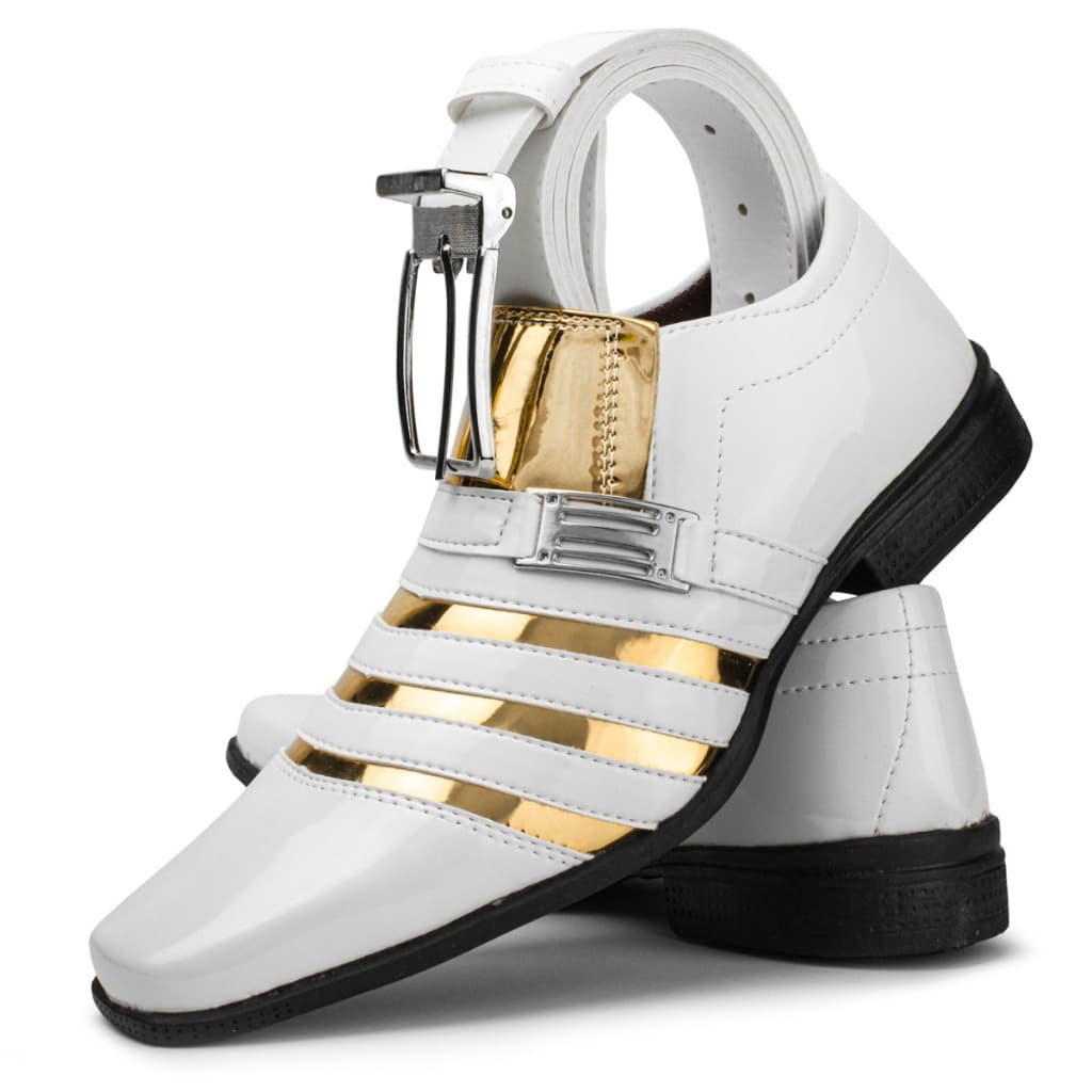 Sapato social masculino branco com dourado + cinto social branco