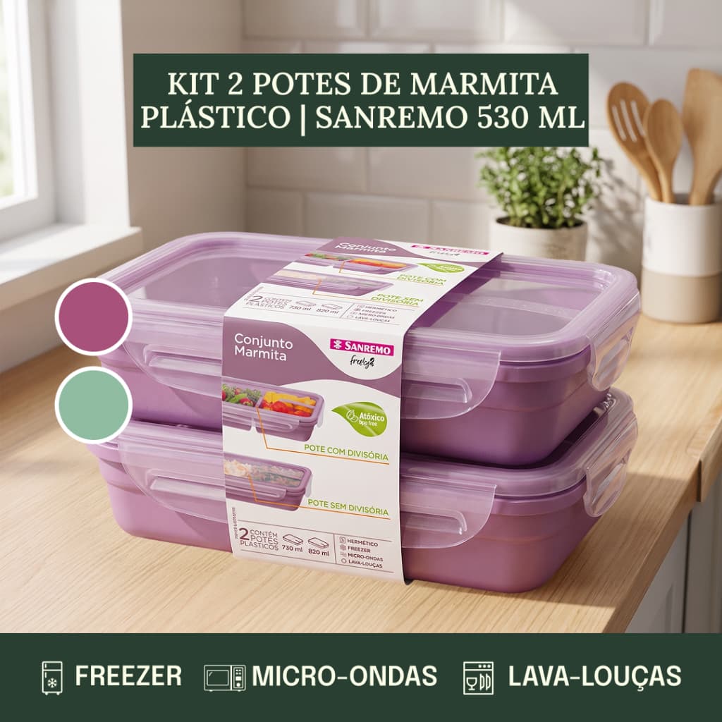 Conj 2 Potes Marmita Sanremo Freshy Divisória 730ml Pote Livre 820ml Plástico Premium