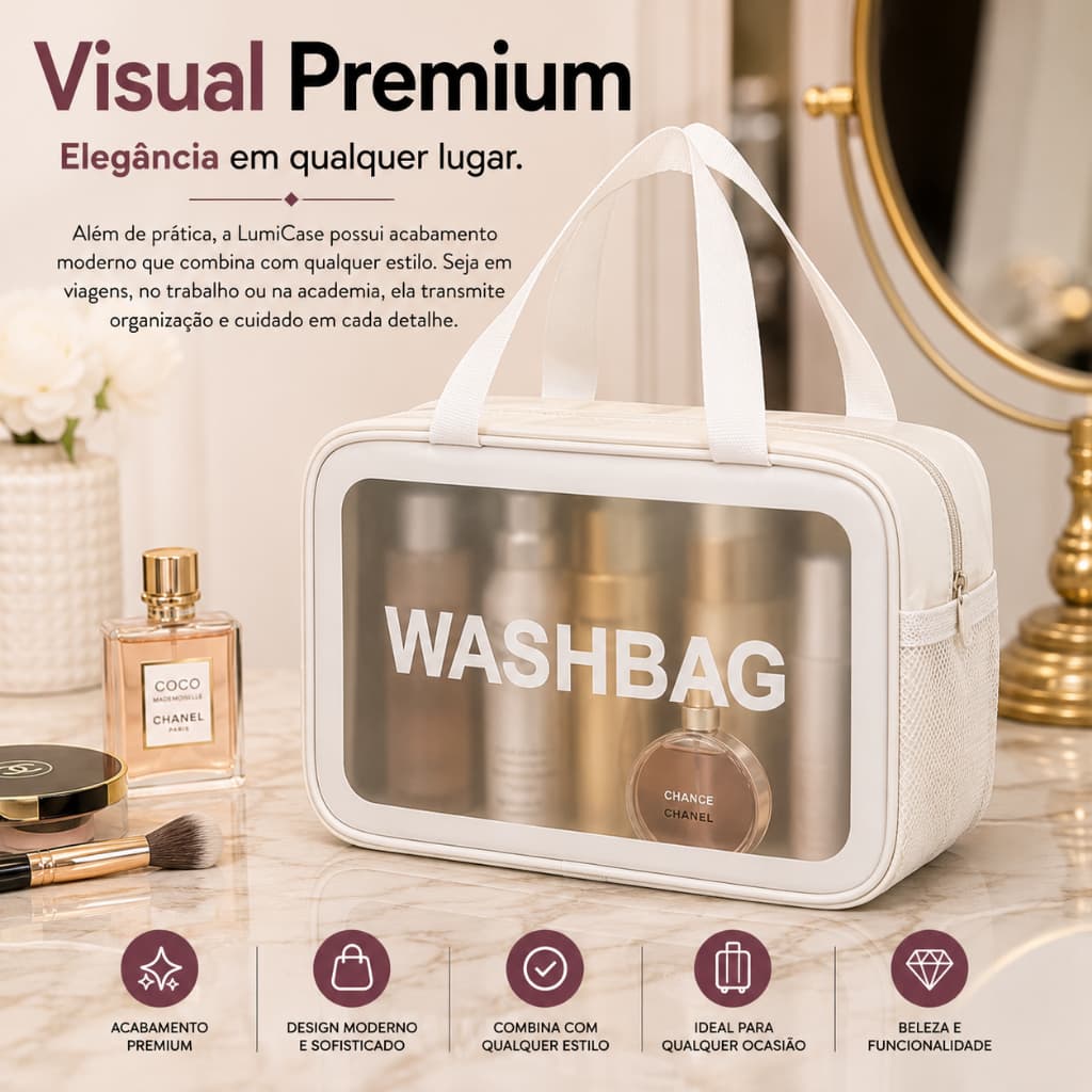 Necessaire Organizadora Transparente Grande Porta Maquiagem Bolsa Viagem Multiuso com Alça LumiCase