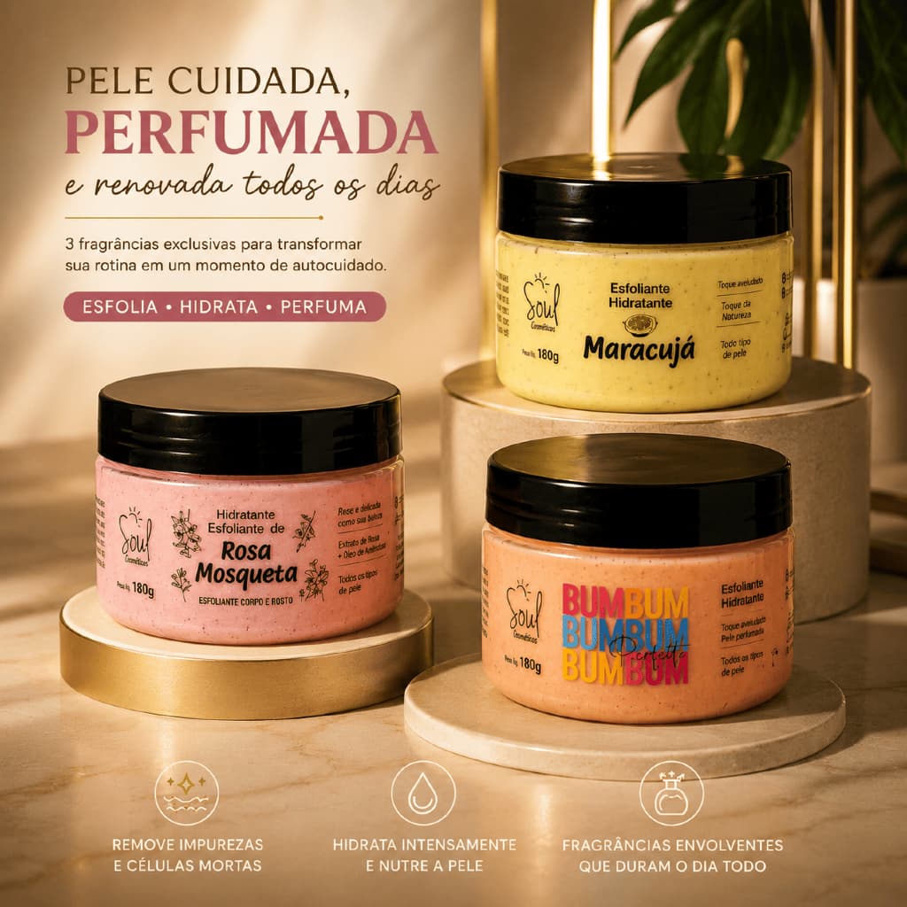 Esfoliante Hidratante Soul Cosméticos 180g Rosa Mosqueta Maracujá Bumbum Cream Corpo e Rosto