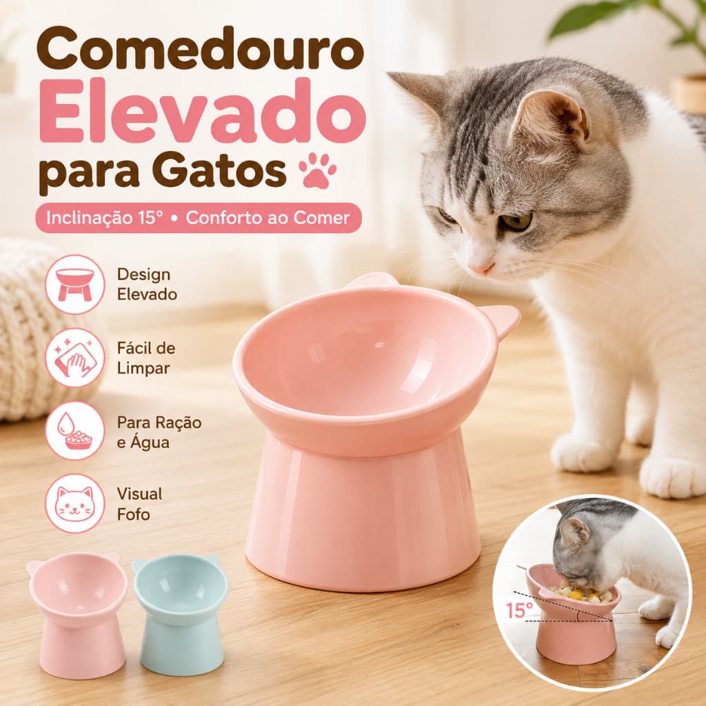 Pote Comedouro Bebedouro Elevado para Gato e Cachorro Pequeno Inclinado 15° Ergonômico