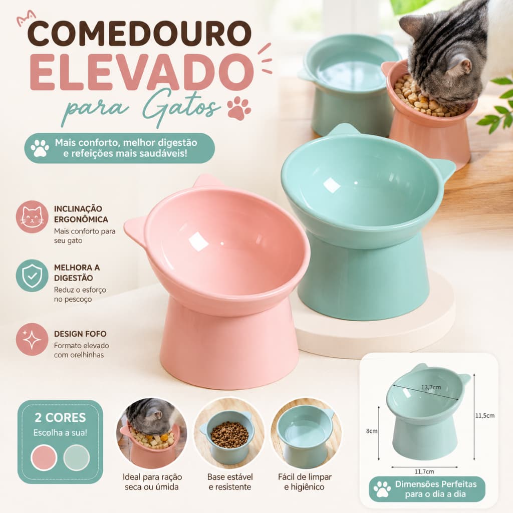 Comedouro Elevado Ergonômico para Gatos Inclinado 15° Pote para Ração e Água