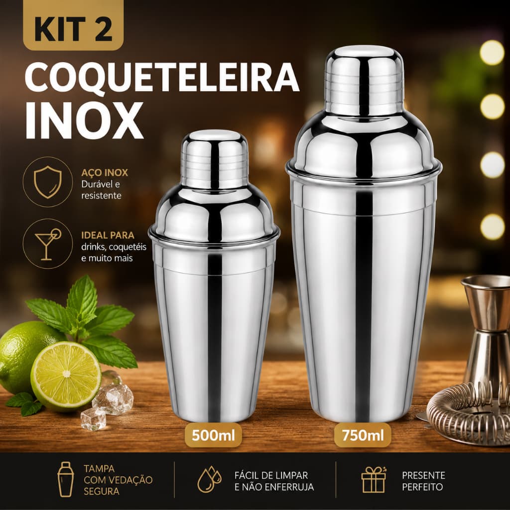 Kit 2 Coqueteleiras Inox 500ml e 750ml Profissional Bartender Drinks Caipirinha Bebidas Sucos Bar