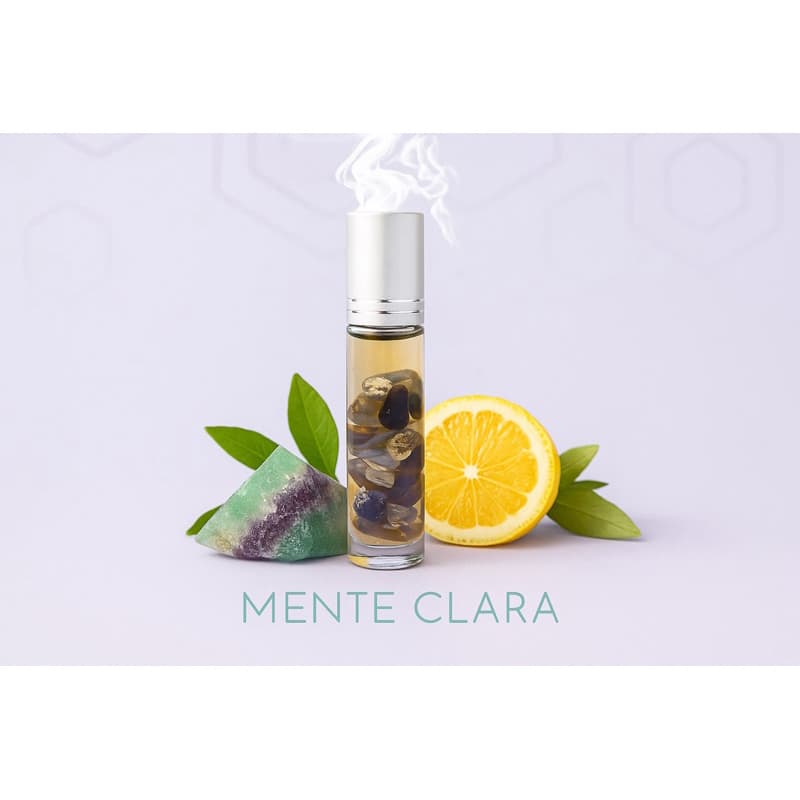 Roll-on Aromaterapia Foco Mente Clara com Cristal de Fluorita Natural e Óleo Essencial Litsea Cubeba 10ml Para Estudos