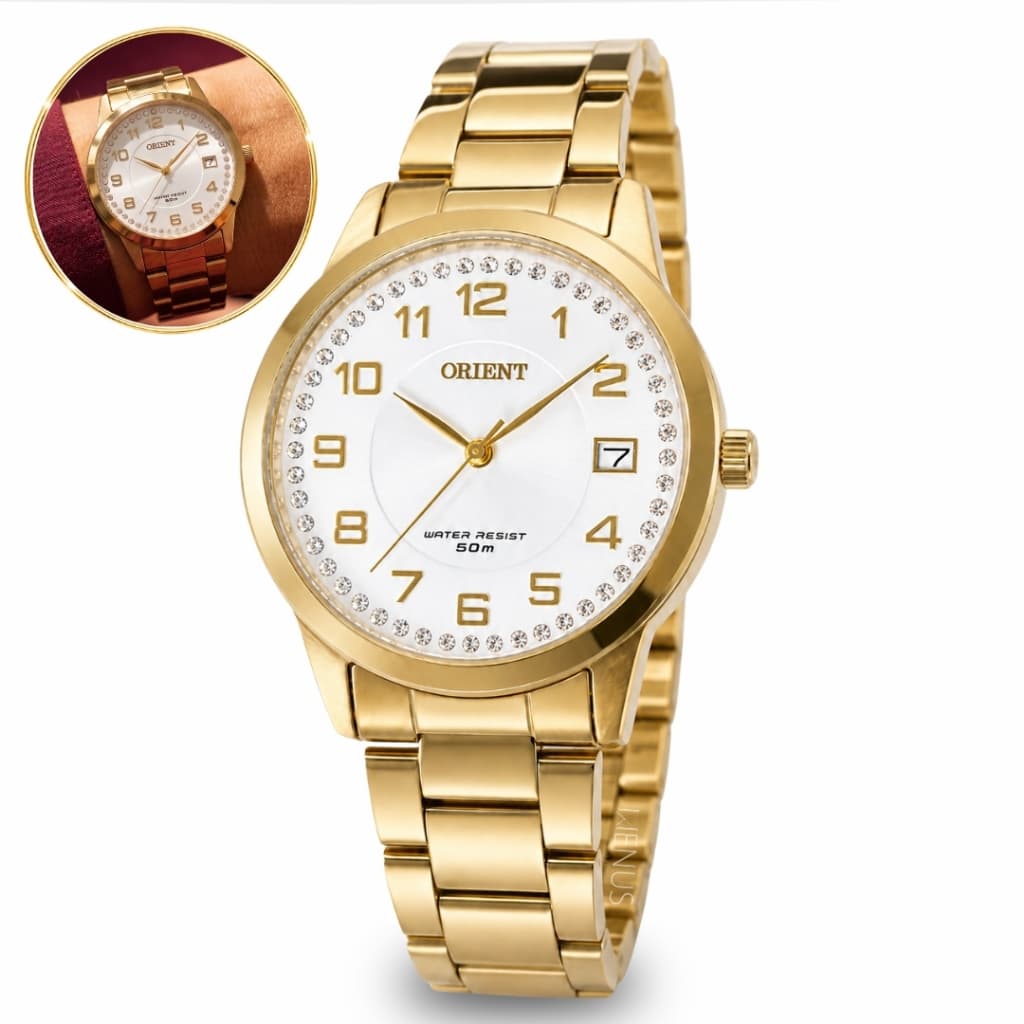 Relógio Orient Feminino De Pulso Elegante A Prova Dágua Em 50 Metros Com Straz Dourado Em Aço Inoxidável Original