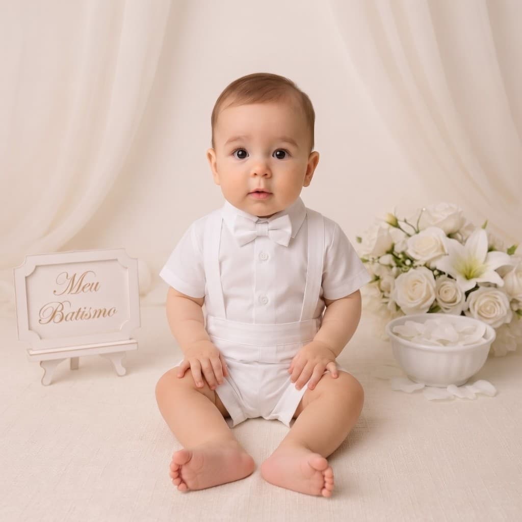 Conjunto Batizado Bebê Branco Roupa Social Pajem Suspensório - P ao 3