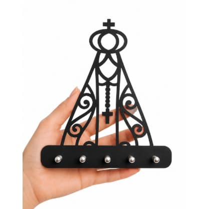 Porta chaves Nossa Senhora Aparecida MDF preto com 5 ganchos | Moderno facil instalação religioso Organizador de chaves