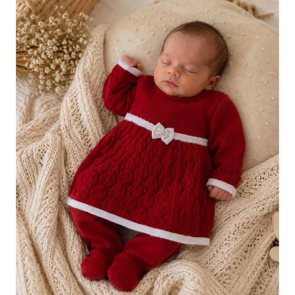 Vestido Renda com Laço + Calça Tricot Recém Nascido Bebê Menina Saída Maternidade Tricô Luxo