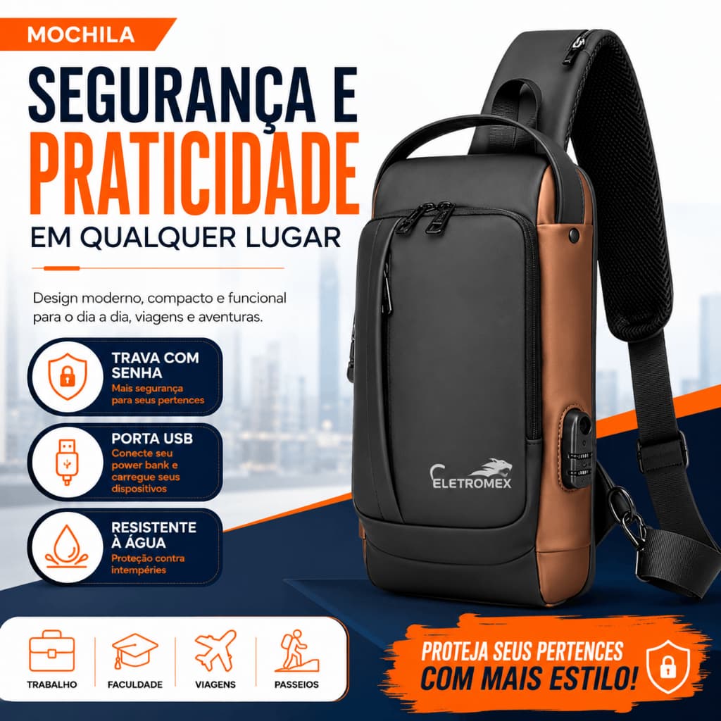 Mochila Transversal Antifurto com Trava Senha Porta USB Impermeável Bolsa Ombro Viagem Eletromex