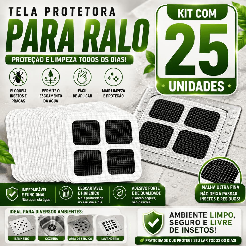 Kit 25 Telas Adesivas Anti Insetos para Ralo 10x10 Filtro Adesivo Retém Cabelos Banheiro Cozinha