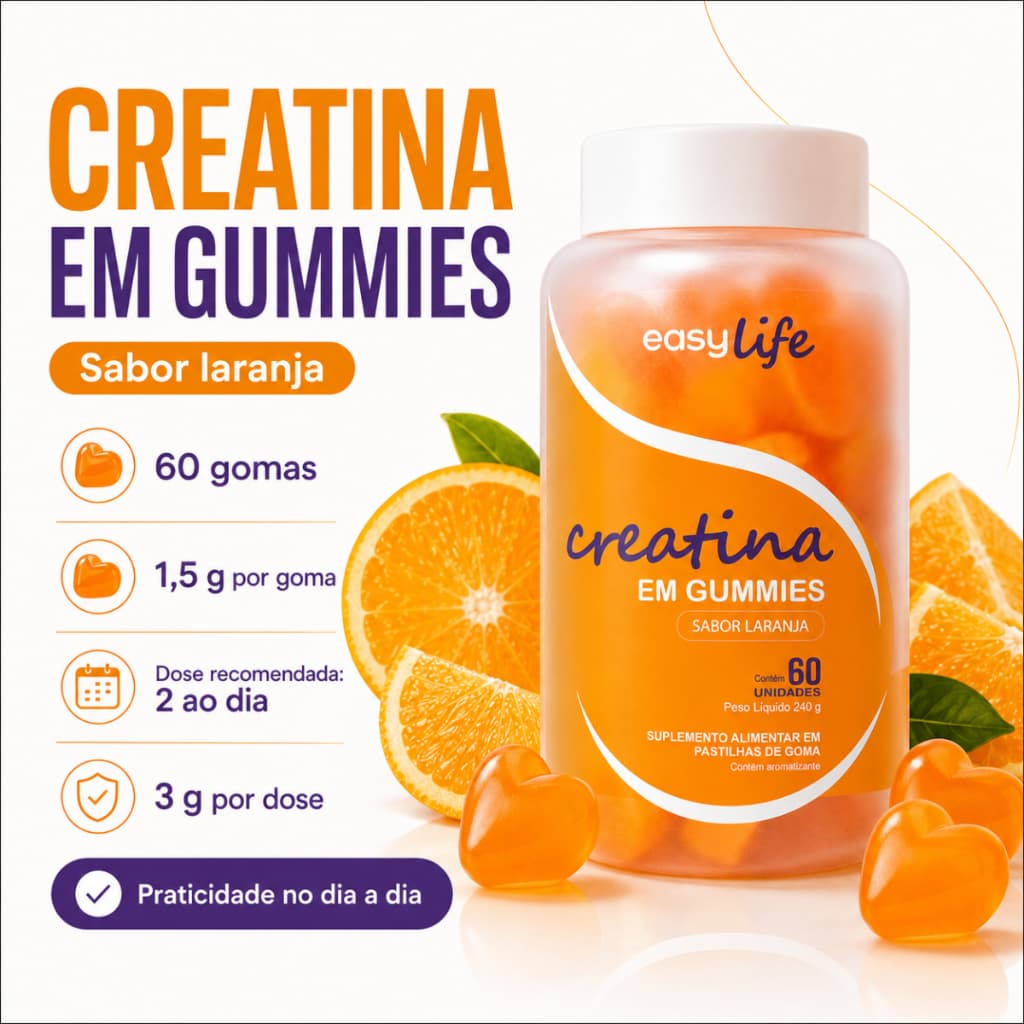 Creatina em Goma Mastigável | 60 Unidades | Sabor laranja | Suplemento Alimentar 3g por Dose, Sem Lactose e Sem Glúten