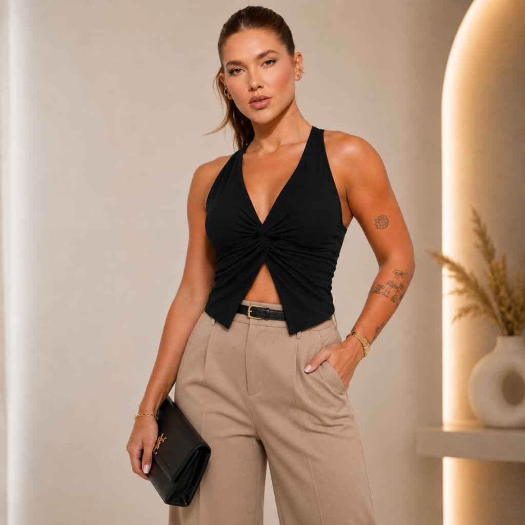 Blusinha Feminina Blogueira Torção Frontal Regata Premuim Canelada Premium Decote Gola V Elegante Casual