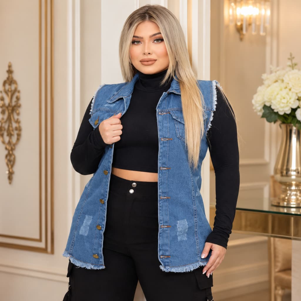 Max Colete Jeans Feminino Destroyed Barra Desfiada - A.Ming Jeans