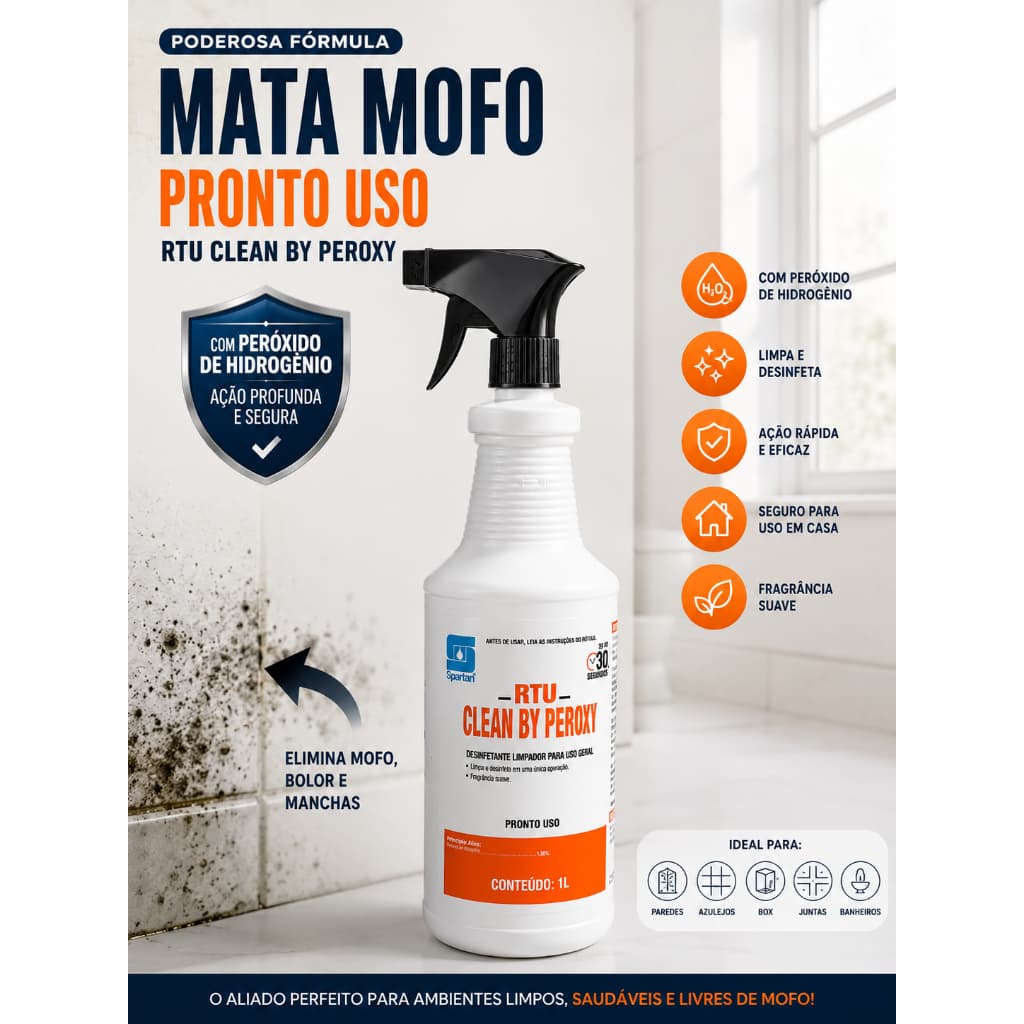 Mata Mofo Spray Profissional – Remove Mofo, Bolor e Fungos com Peróxido de Hidrogênio | Pronto para Uso Com Pulverizador