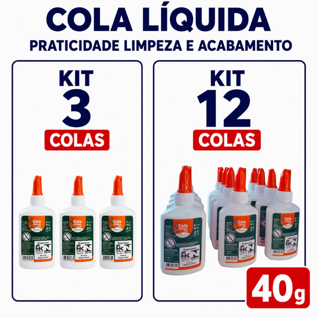 Kit Cola LÍQUIDA 40 g Leo e Leo para Material Escolar Colagem Perfeita Não Tóxico Papel Cartolina