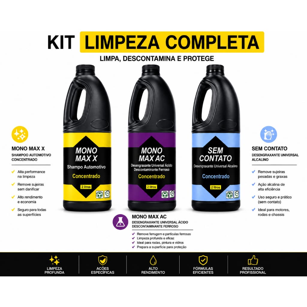 Kit Limpeza Completa Automotiva 3x2L Shampoo Concentrado + Desengraxantes Ácido e Alcalino