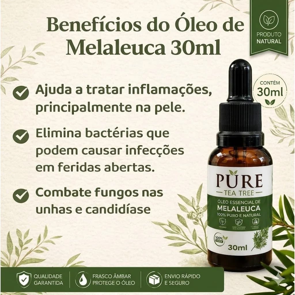 Óleo Essencial De Melaleuca 100% Puro 30ml Contra Micose Acne