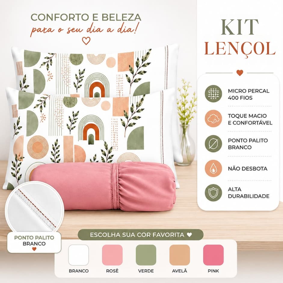 Jogo de Cama Boho Geométrico com Fronhas Estampadas Micropercal 400 Fios