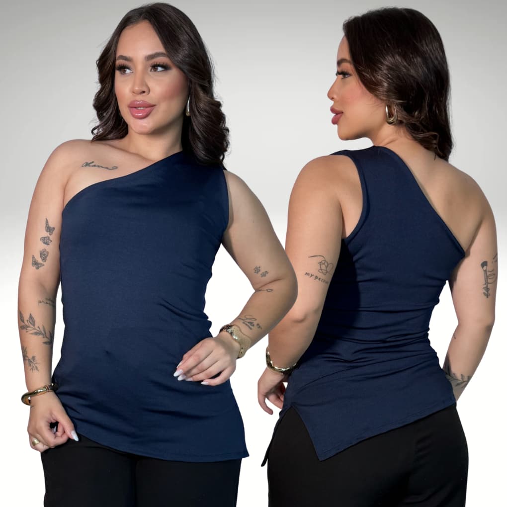 Blusa Feminina Ombro Só Elegante Regata Nula Manga Assimétrica Fenda Lateral