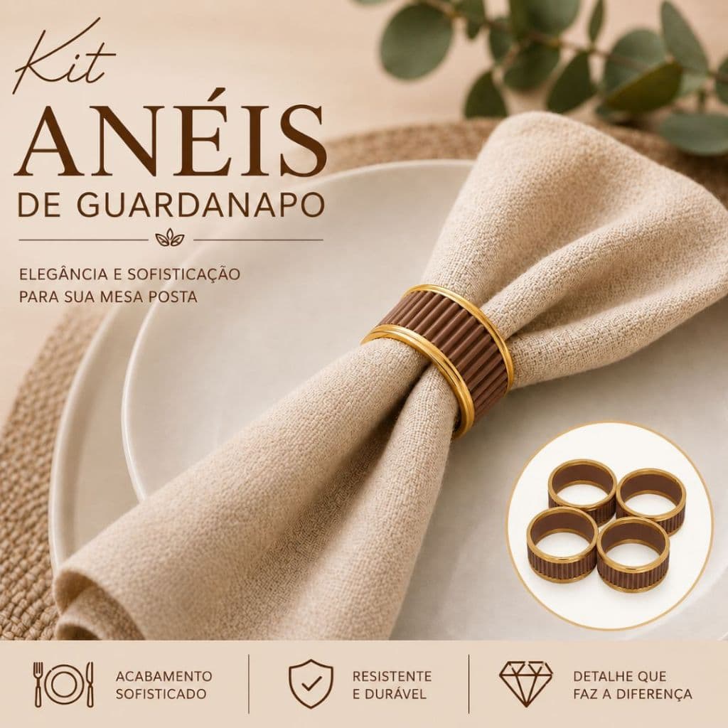 Kit Anéis Porta Guardanapo Marrom e Dourado 6 ou 12 Unidades Mesa Posta Luxo Decorativo Argola
