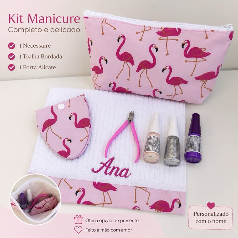 Kit Manicure Personalizado com Nome | Necessaire, Toalha Bordada e Porta Alicate de Unha