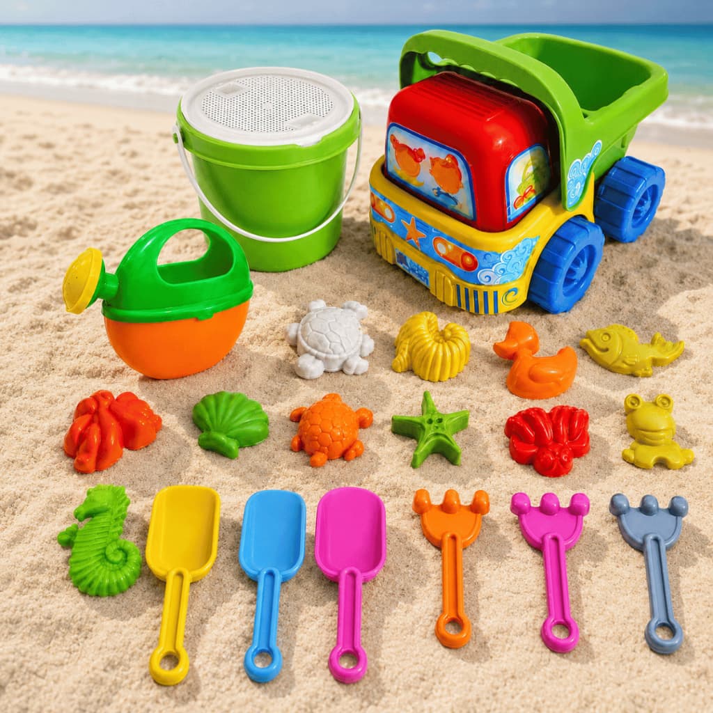 Kit Brinquedos Praia Baldinho Carrinho Pá Rastelo Forminhas Areia Piscina Crianças Presente