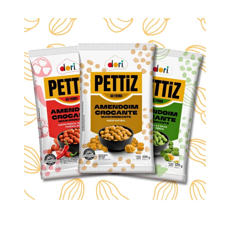 Amendoim Pettiz Dori Crocante 500g – Sabores Natural, Pimenta e Salsa & Cebola