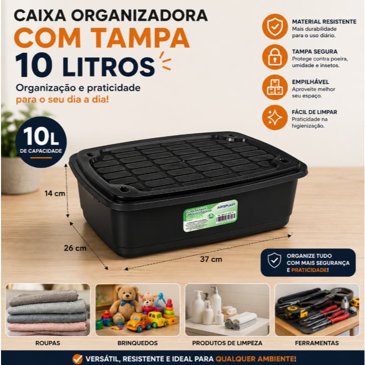 Caixa Organizadora 10L Resistente com Tampa Primeira Moagem- Arqplast