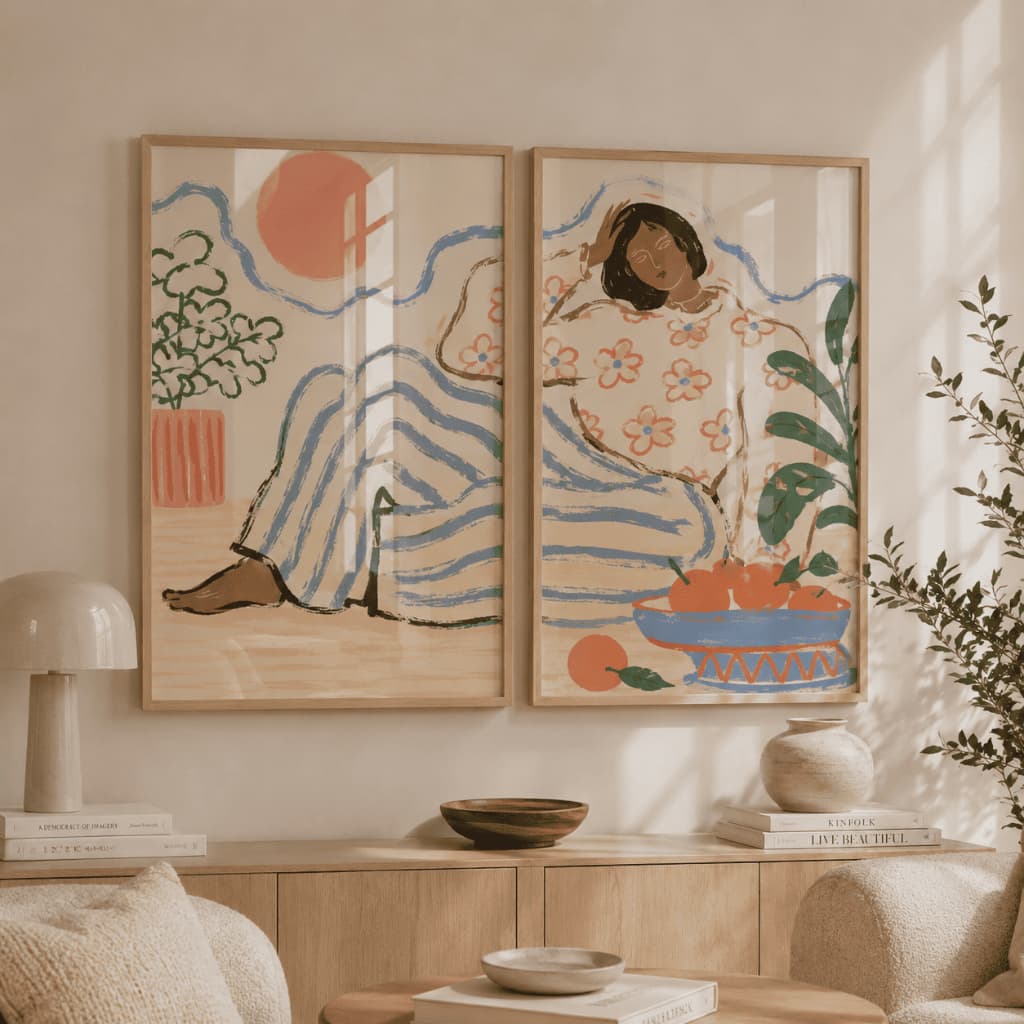 Kit 2 Quadros Decorativos Estilo Matisse Boho Chic Ilustração Feminina e Cesta de Frutas