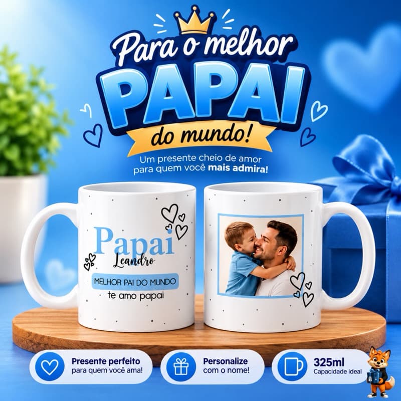 Caneca Personalizada para Pai com Foto e Nome 325ml Cerâmica