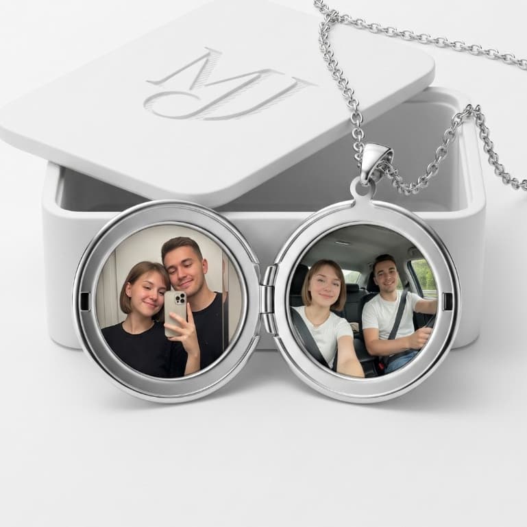 Colar Relicário com Fotos Personalizadas em Aço Prata Inoxidável + CAIXINHA PRESENTE