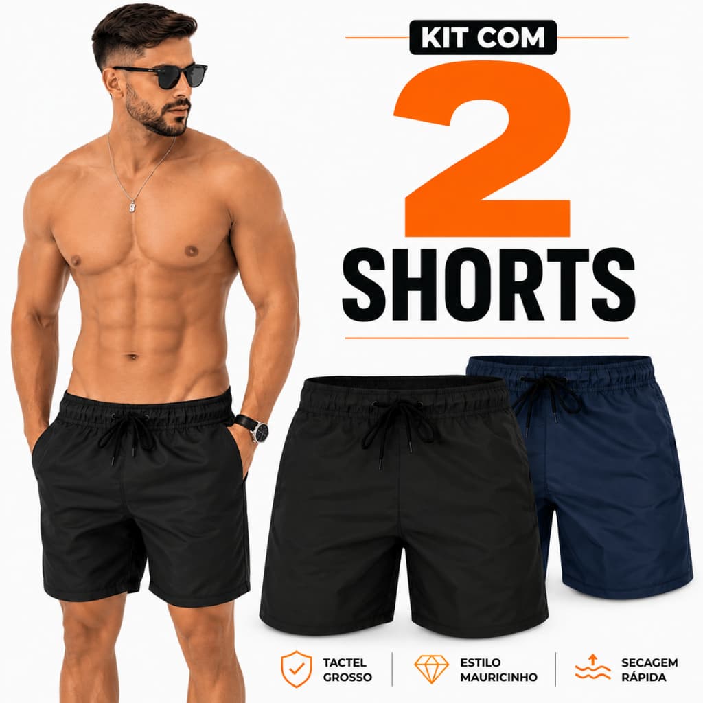 Kit 2 Shorts Masculino Tactel Liso Mauricinho Bermuda Masculina Praia Treino Caminhada Corrida Passeio