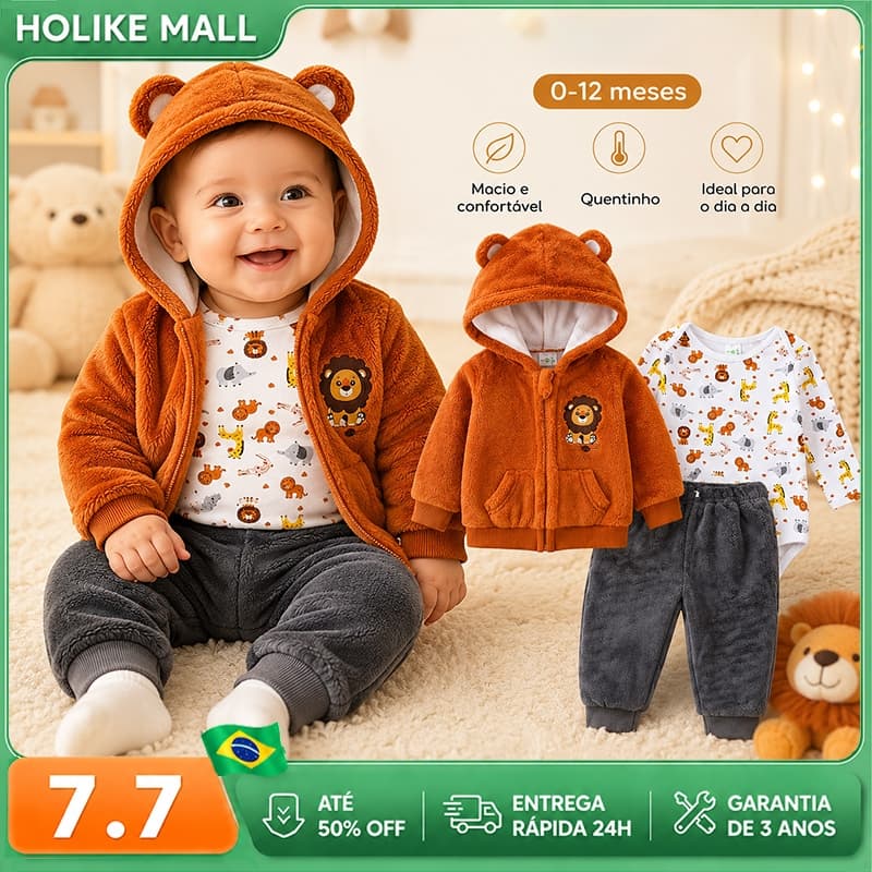 Roupa de Bebê Menino Conjunto 3 Peças Inverno Casaco Body Calça Infantil Recém Nascido 0-24 Meses