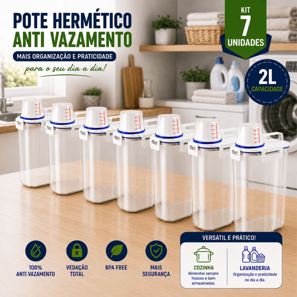 Kit 7 Pote Hermético Transparente 2 Litros com Tampa Dosadora Copo Medidor para Cozinha e Lavanderia