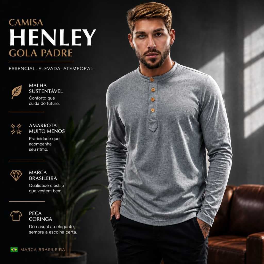 Camisa Henley Masculina De Malha Ecológica Manga Longa