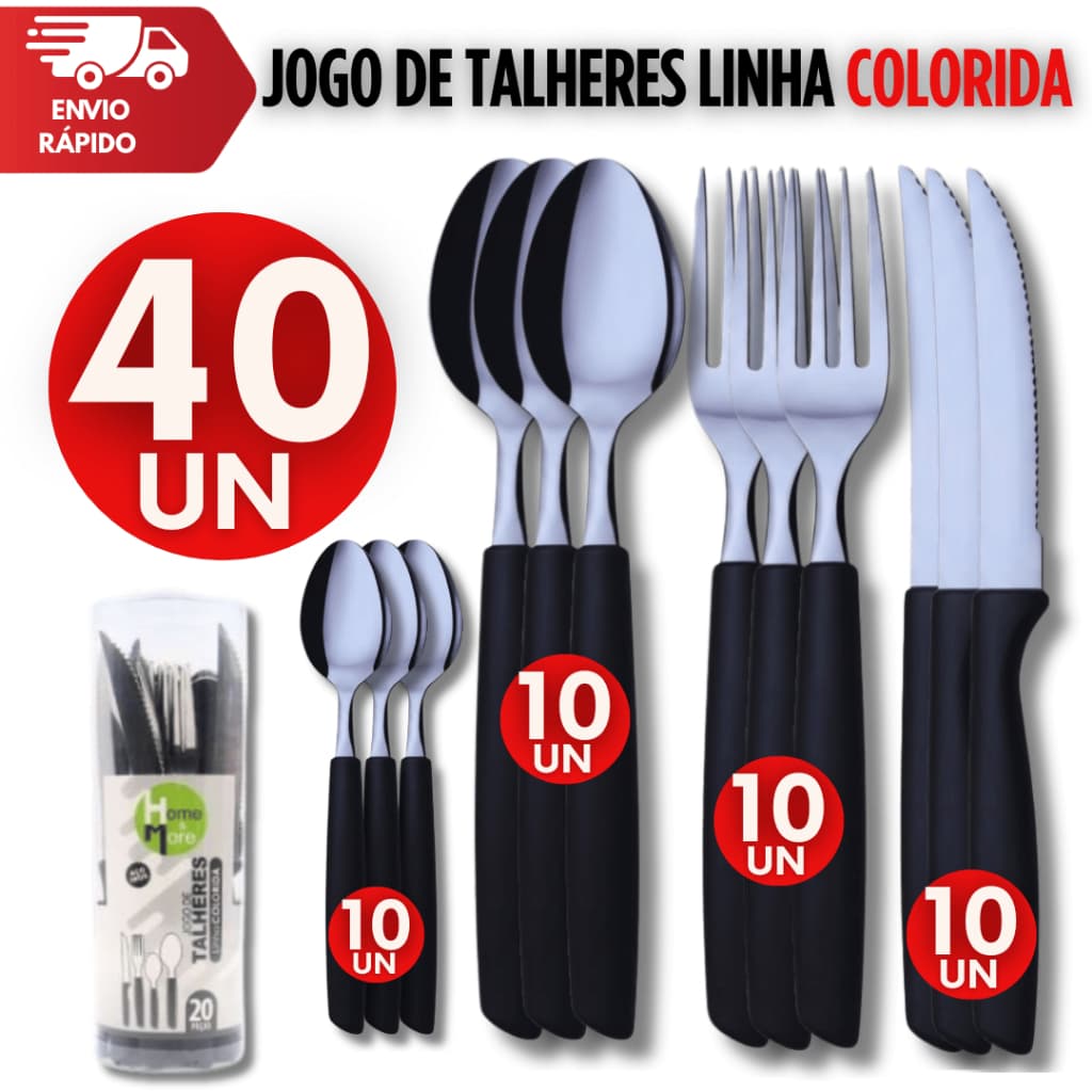 Utensílios Cozinha Talher Inox Cabo Plástico Preto Colheres Sopa e Sobremesa Garfo Facas Qualidades