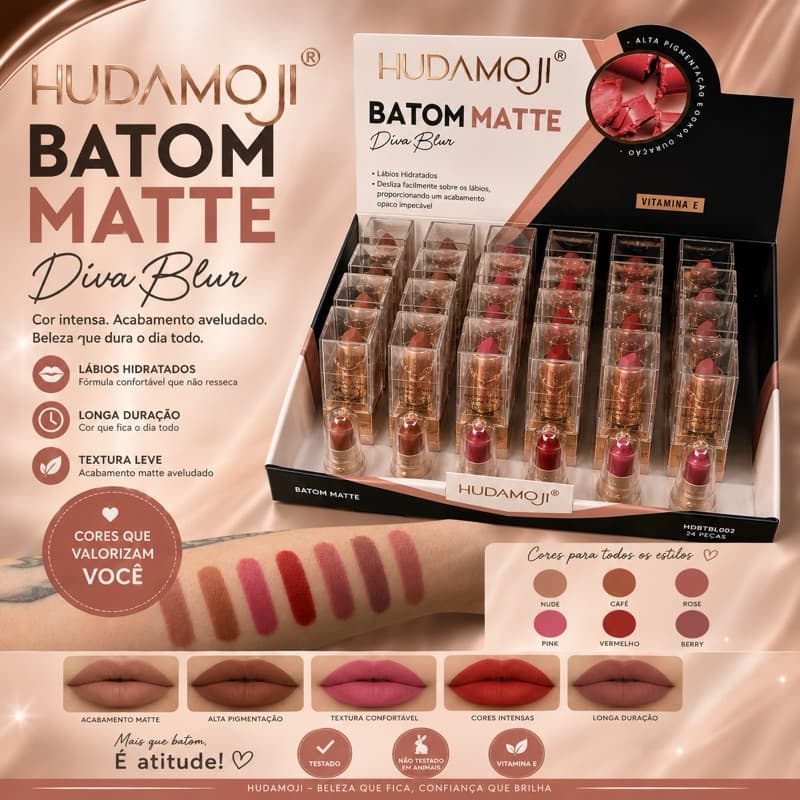 Batom Matte Hudamoji Diva Blur Vitamina E Alta Pigmentação 6 Cores