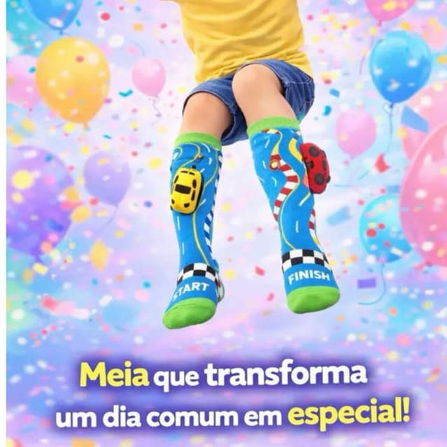 Meia Maluca 3D com Apliques de Pelucia Masculina Carros de Corrida  Start e Finish Azul com Verde Tamanho Unico 24ao37