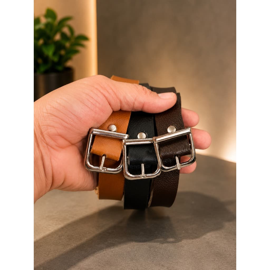 Kit 3 Cintos Femininos 20mm Couro Sintético Preto Marrom Caramelo Cinto Fino Elegante Moda Fivela Prata