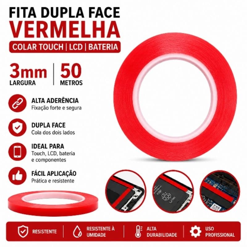 fita dupla face, vermelha, 3mm, 50 metros, touch, LCD, bateria e celular