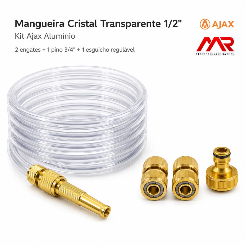 10 à 30 Metros Kit Mangueira Transparente 1/2" Ajax Engate Rapido Esguicho Jato Regulavel Aluminio
