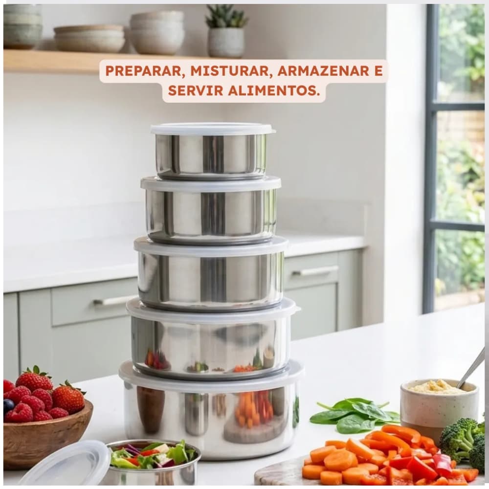 Conjunto Organizador Cozinha 5 Potes Hermeticos Tampa Vedacao Inox