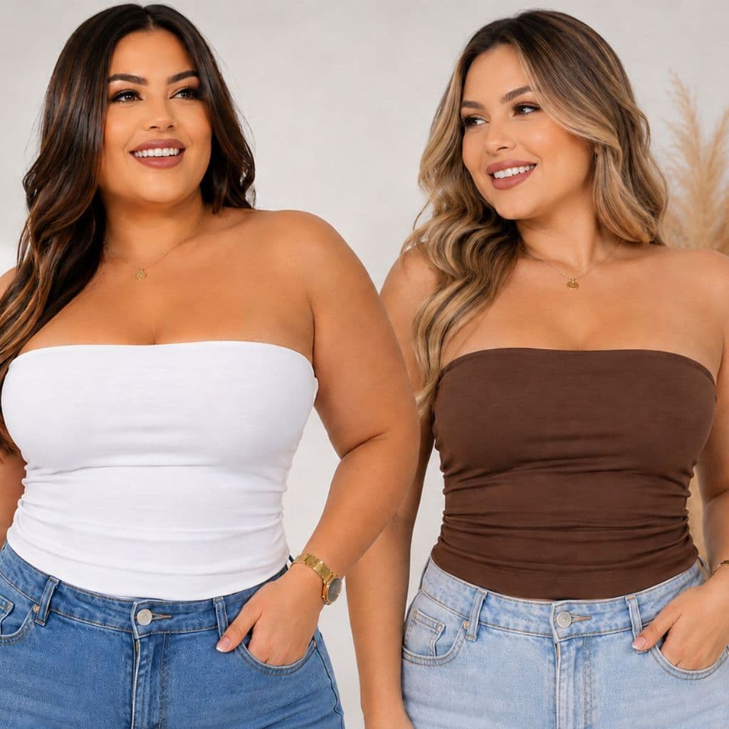 Kit 2 Cropped Top Tube Feminino Tomara Que Caia Forro Duplo Sustenta Elástico Costas P ao Plus Size