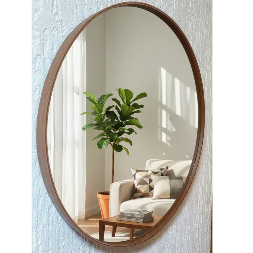 Espelho Redondo com Borda em Couro para Banheiro Lavabo e Sala 30x30cm até 60x60cm Envio Imediato