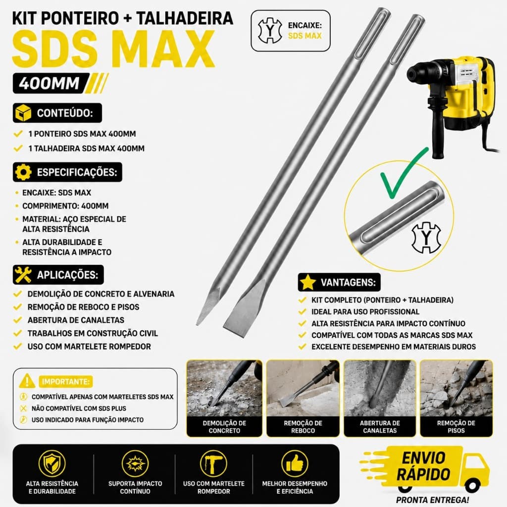 Talhadeira e Ponteiro SDS Max 400mm Kit Para Martelete Rompedor Profissional Demolição Pesada
