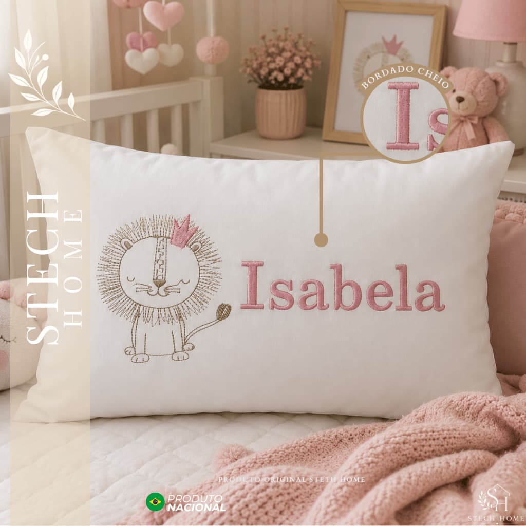 ALMOFADINHA BORDADO NOME SAFARI LEAOZINHO INFANTIL BEBE COM ZIPER E REFIL PERSONALIZAVEL
