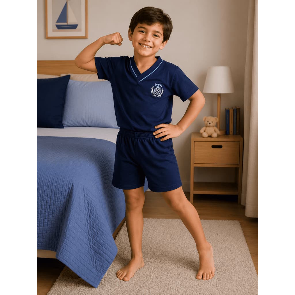 Pijama Infantil Masculino Verão com Bordado Malha Leve Confortável Menino
