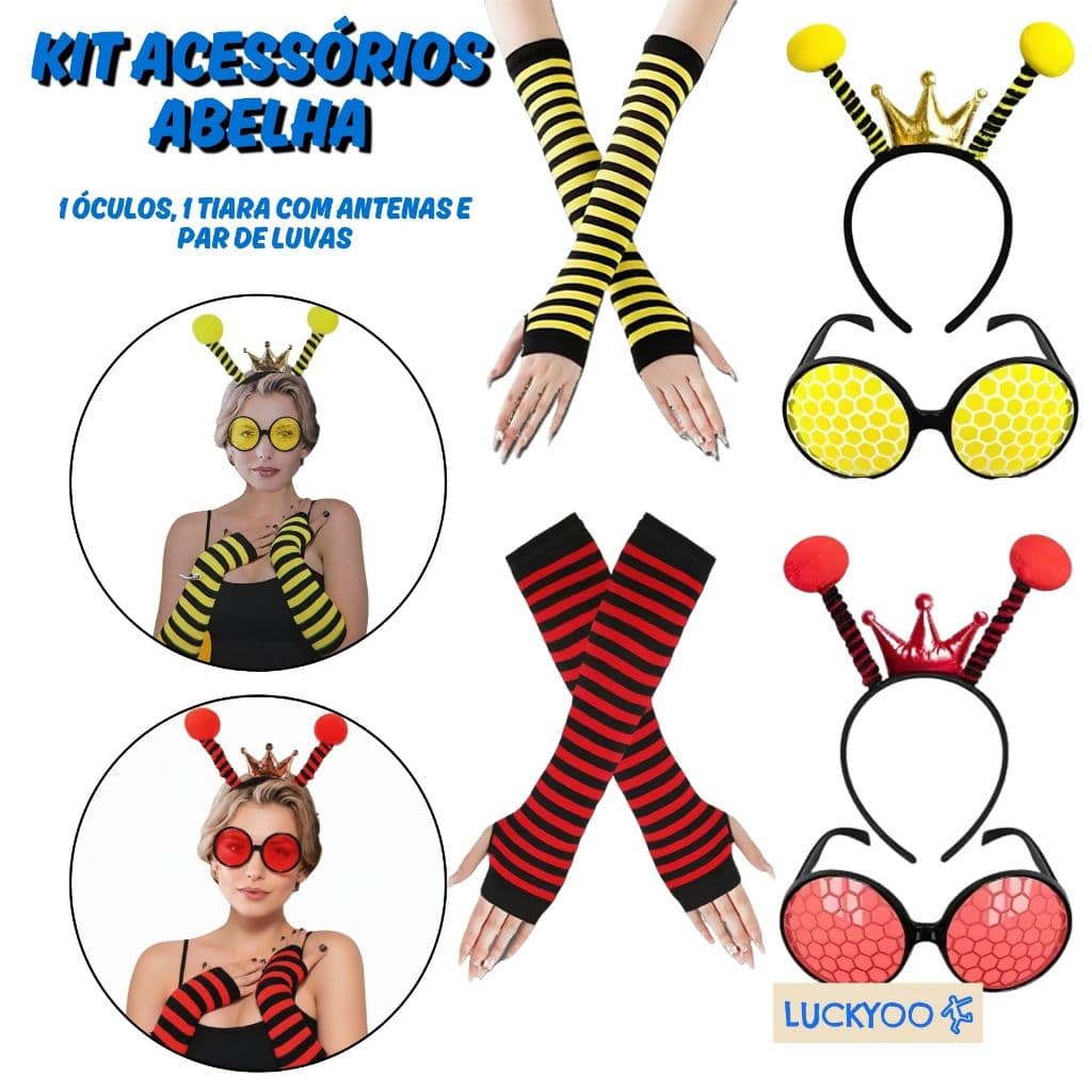Acessórios Abelha Óculos + Luva + Tiara Fantasia Joaninha Festas Temáticas Carnaval Halloween Cosplay