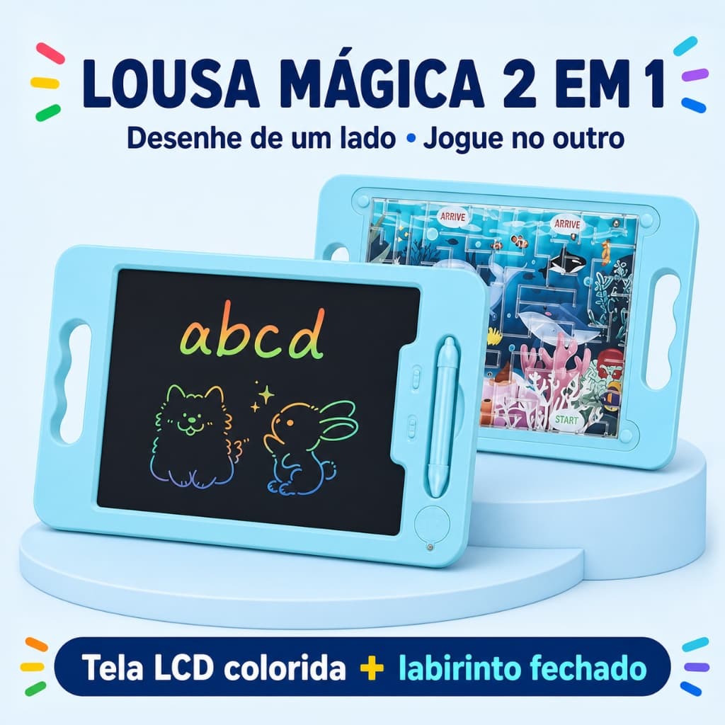 Lousa Mágica LCD Infantil 2 em 1 com Labirinto Fechado, Tela Colorida, Caneta e Trava para Desenhar, Aprender e Brincar